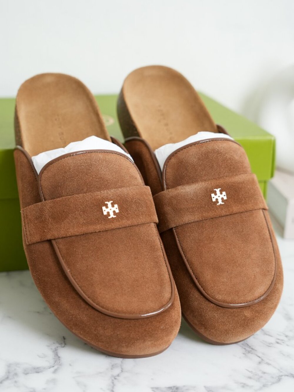 Tory Burch Everly Cork Suede Leather Mule Shoes in Chicory Brown size 8.5